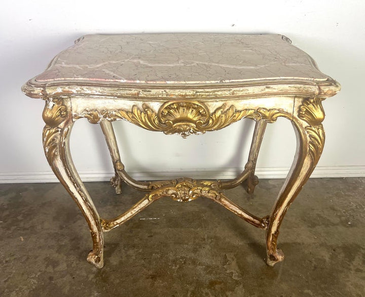 19th C. French Painted & Parcel Gilt Table w/ Marble Top