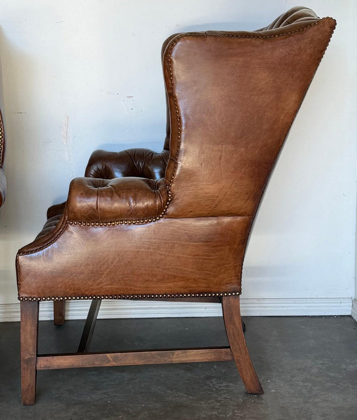 Georgian Wingback Armchairs, Leather Upholstery, Circa 1940s