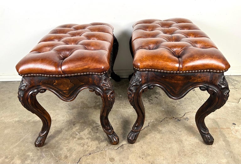 Pair of French Walnut Leather Tufted Benches