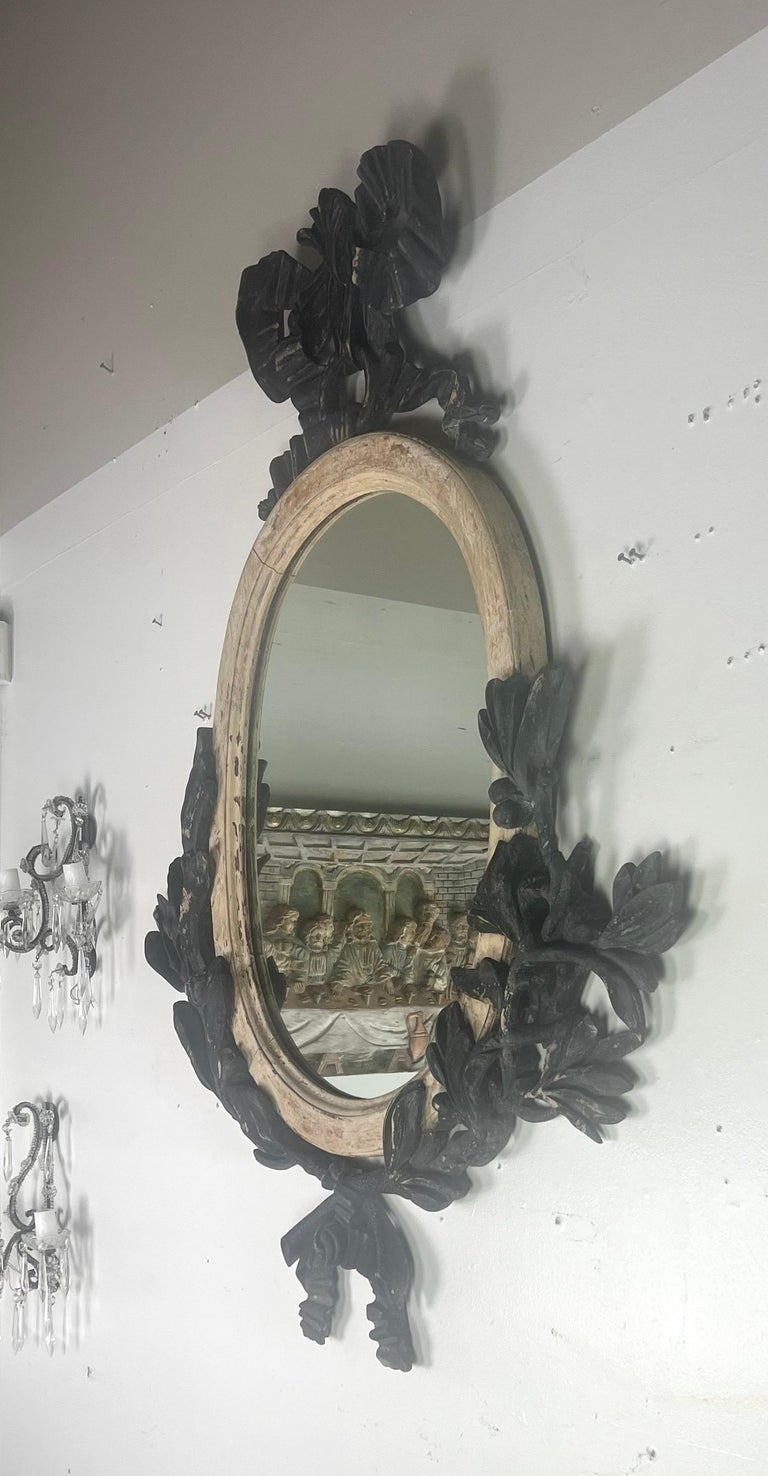 French Painted Oval Shaped Mirror w/ Ribbon & Leaves C. 1900