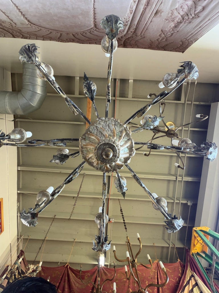 Monumental Italian Rococo Painted Wood & Wrought Iron 12-Light Chandelier