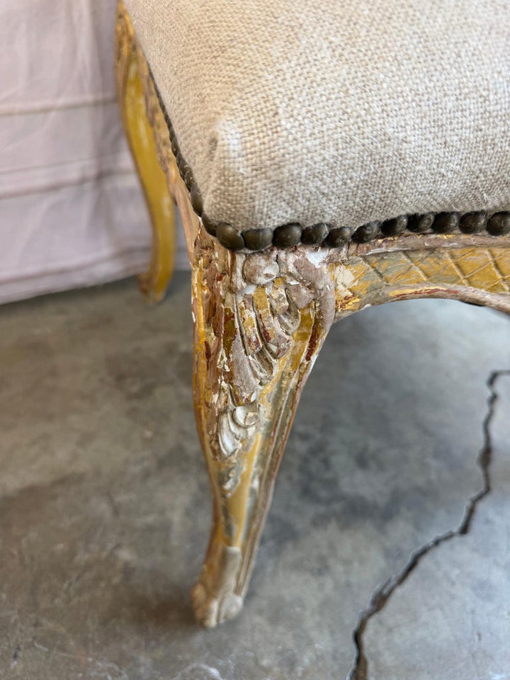 Set of 14 French Louis XV Style Distressed Dining Chairs with Linen Upholstery