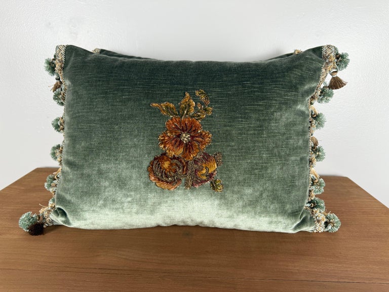 Pair of Custom Velvet Pillows with 19th-Century French Gold-Thread Appliqués