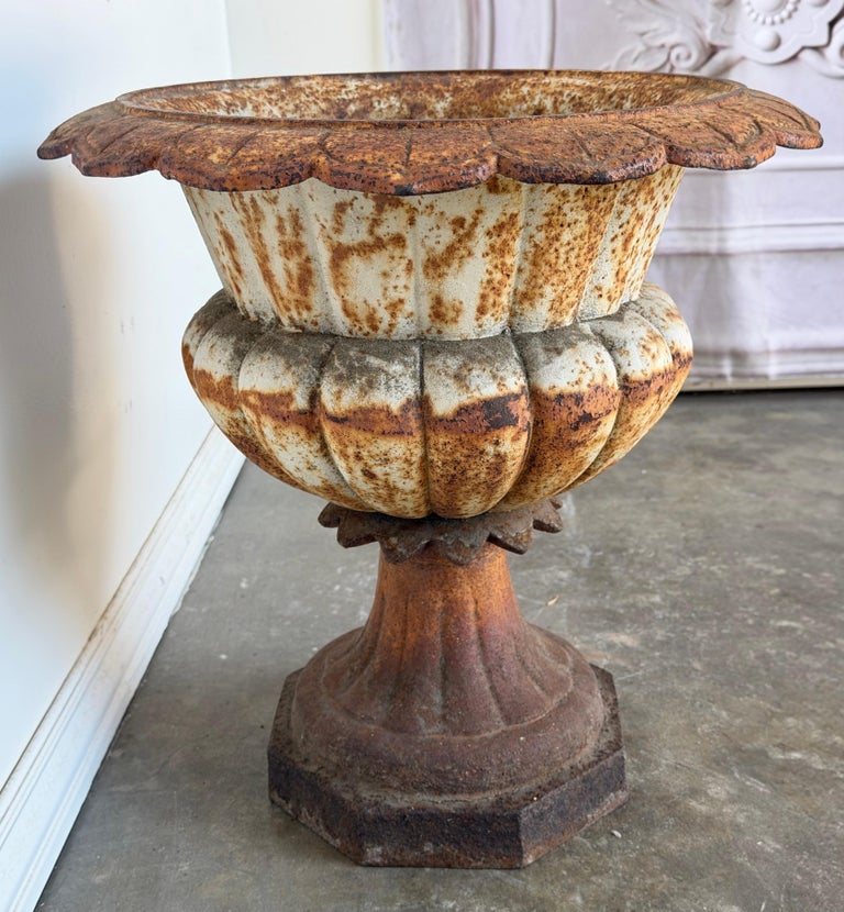 Antique French Cast Iron Garden Urn, Distressed Patina, 19th Century