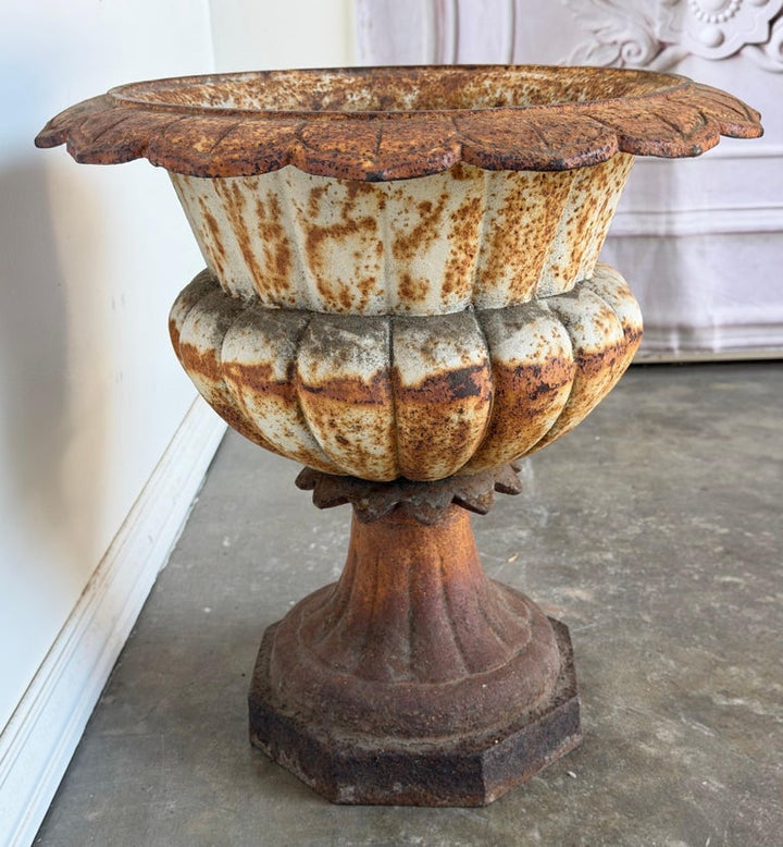 Antique French Cast Iron Garden Urn, Distressed Patina, 19th Century