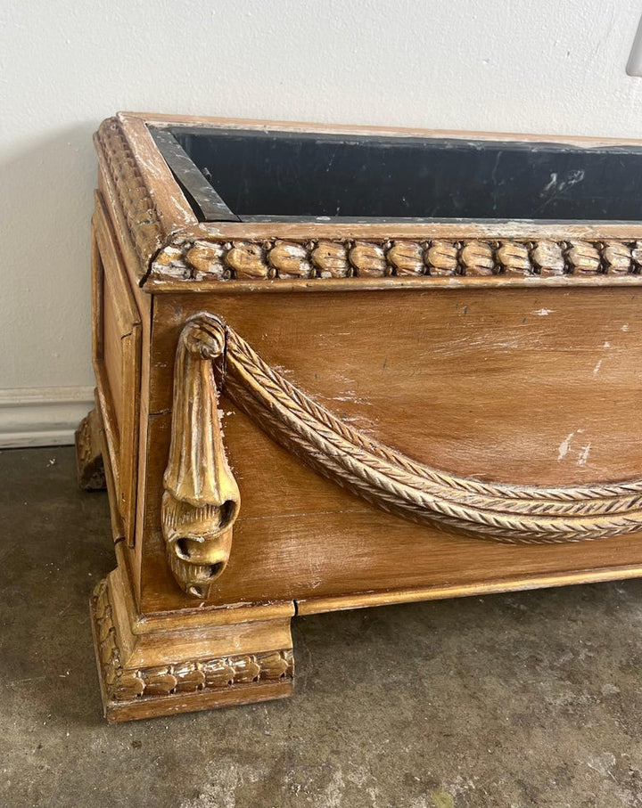 French Rectangular Shaped Carved Wood Planter w/ Liner