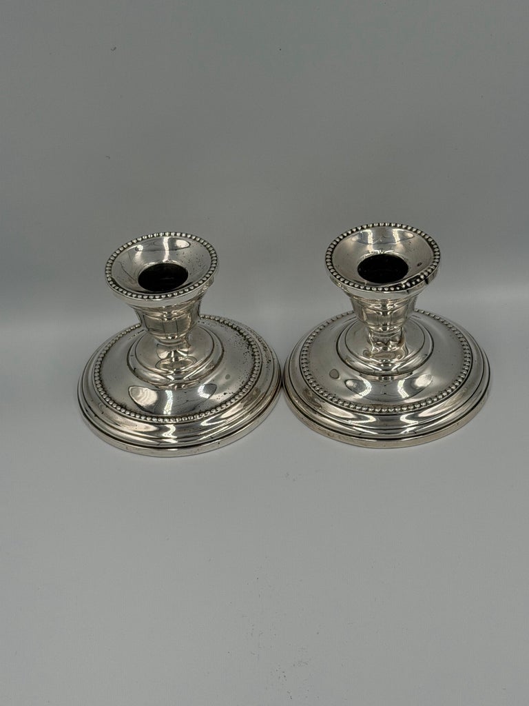 Pair of Antique Sterling Silver Candlesticks with Beaded Rim Detail