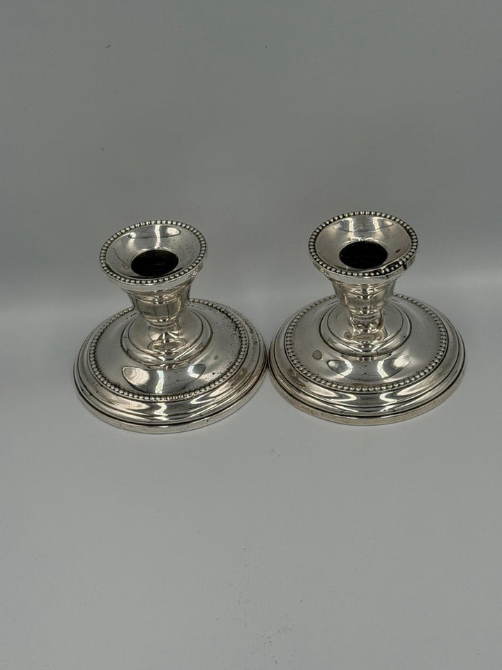 Pair of Antique Sterling Silver Candlesticks with Beaded Rim Detail