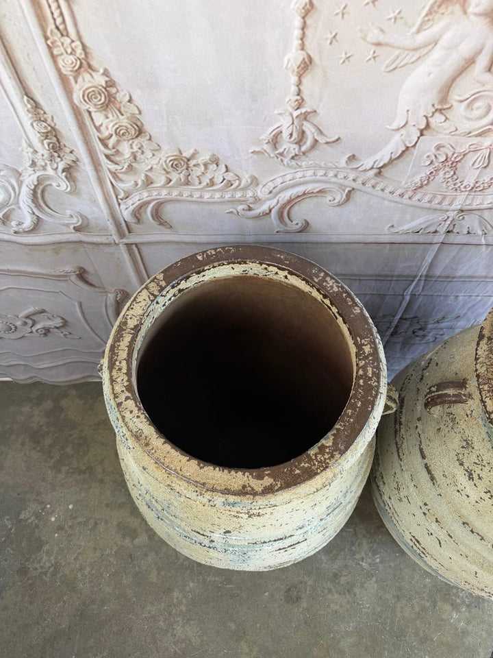 Pair of Large Distressed Mediterranean Style Terracotta Olive Jars with Handles