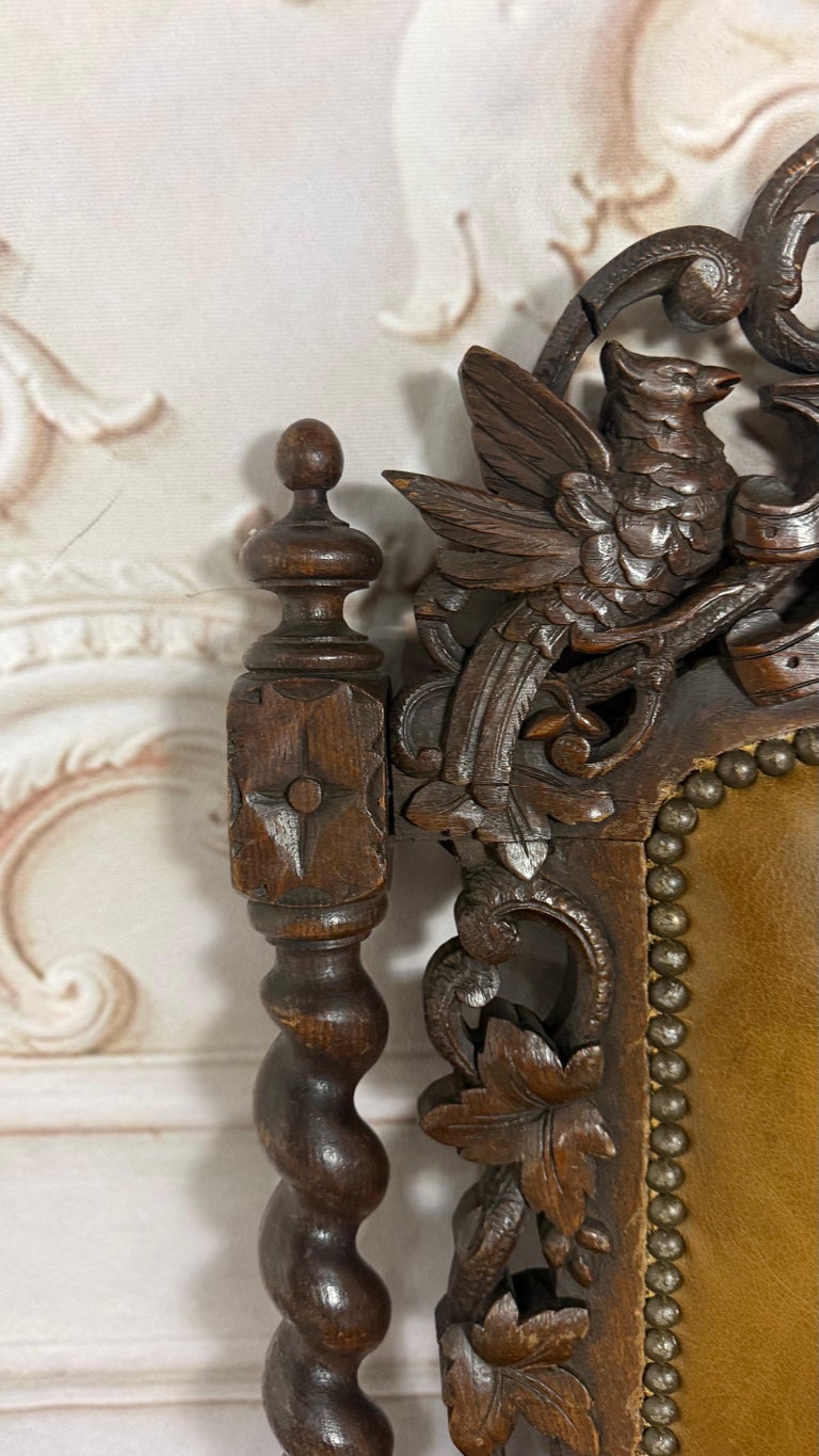 Set of 6 Antique Jacobean Hunt Chairs in Heavily Carved Oak with Cognac Leather