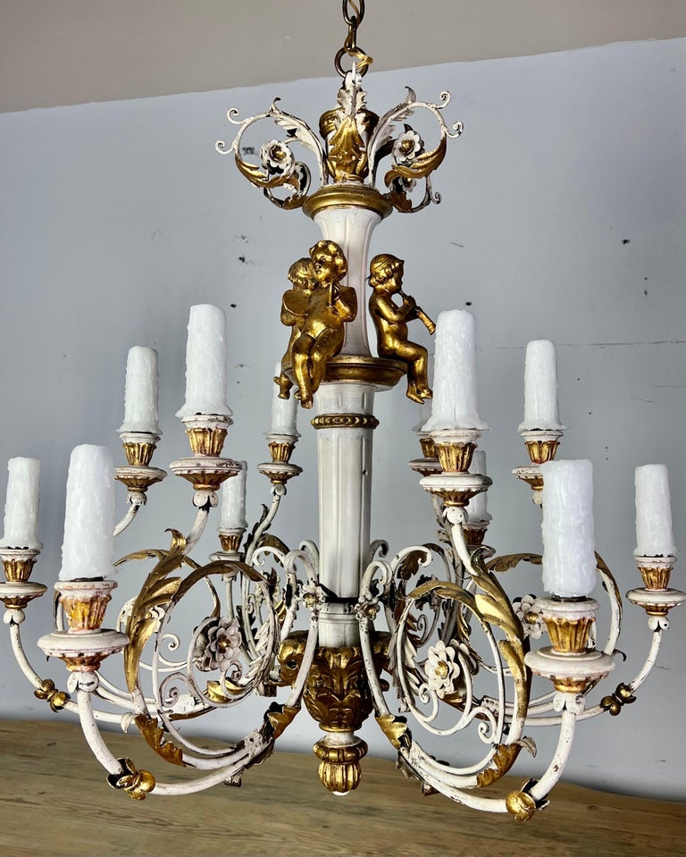 Italian Painted & Parcel Gilt Cherub Chandelier, circa 1930s