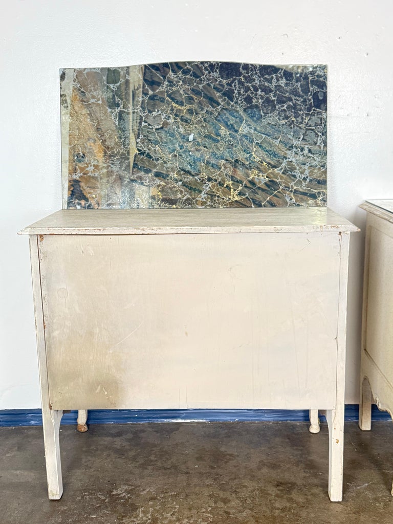 Pair of Louis XV–Style Painted Chests with Antiqued Marbled-Foxed Mirror Tops