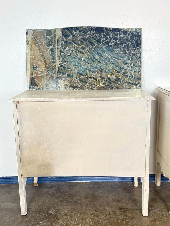 Pair of Louis XV–Style Painted Chests with Antiqued Marbled-Foxed Mirror Tops