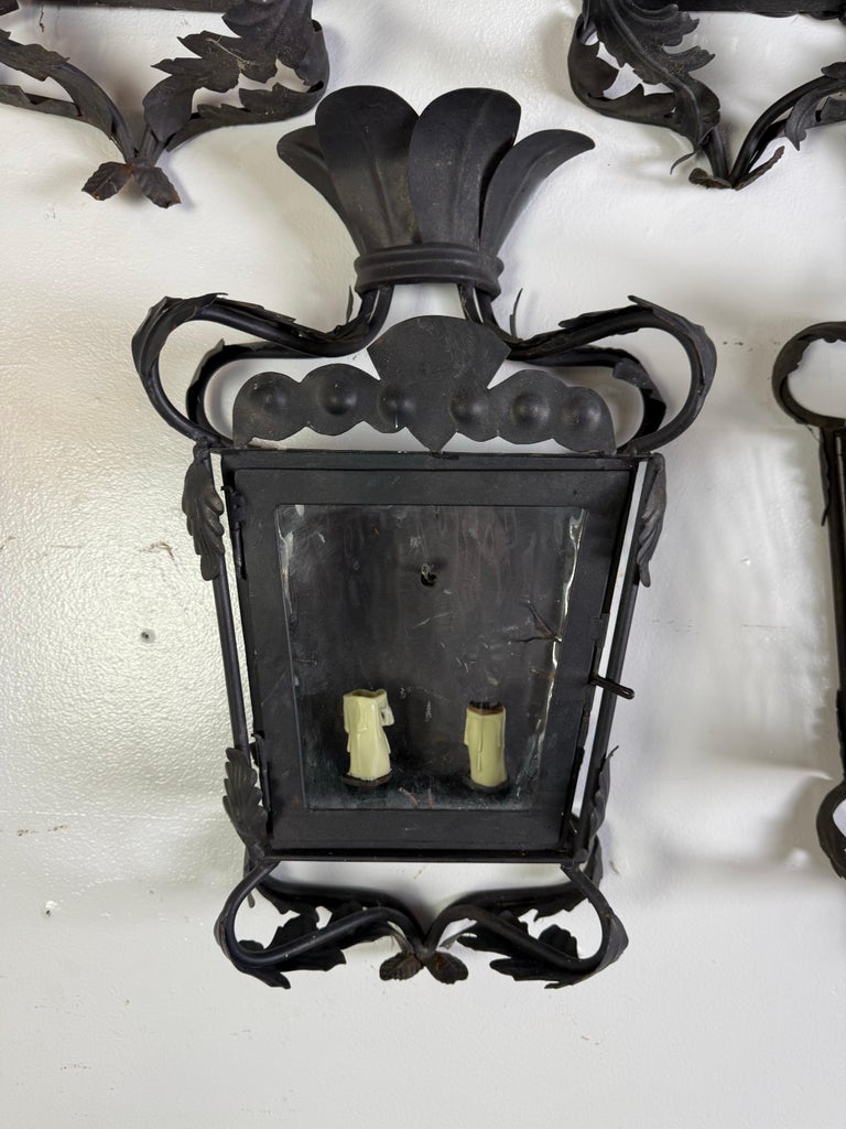Set of Five Hand-Forged Spanish Wrought Iron Wall Lanterns