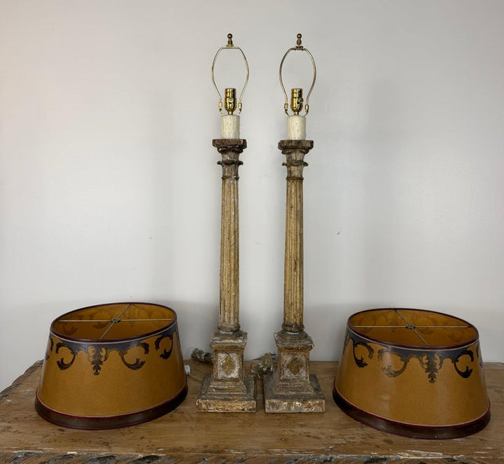 Pair of Italian Neoclassical Corinthian Column Table Lamps Distressed Giltwood