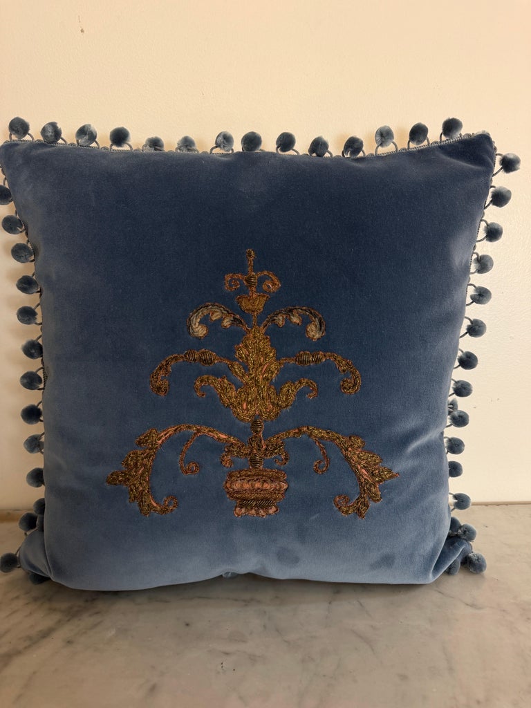 Pair 19th Century French Metallic Applique - Hand-Embroidered Velvet Pillows
