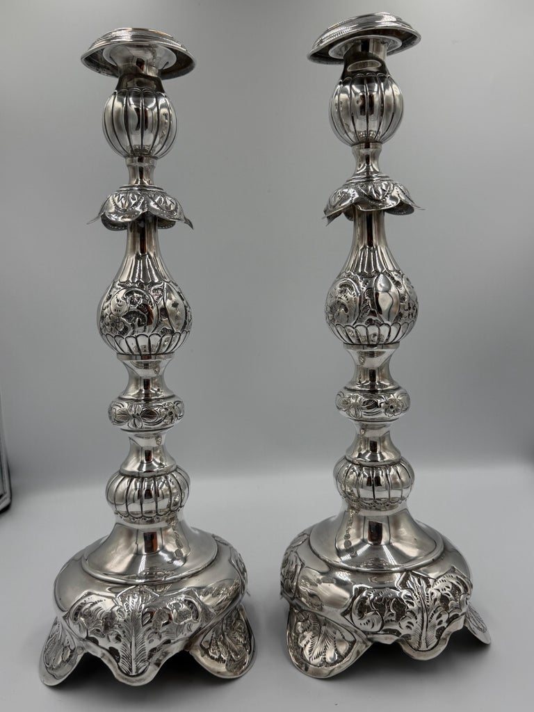 Pair of Antique Sterling Silver Baroque Revival Candlesticks with Repoussé