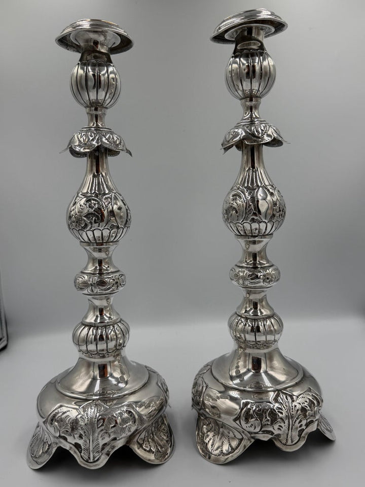 Pair of Antique Sterling Silver Baroque Revival Candlesticks with Repoussé