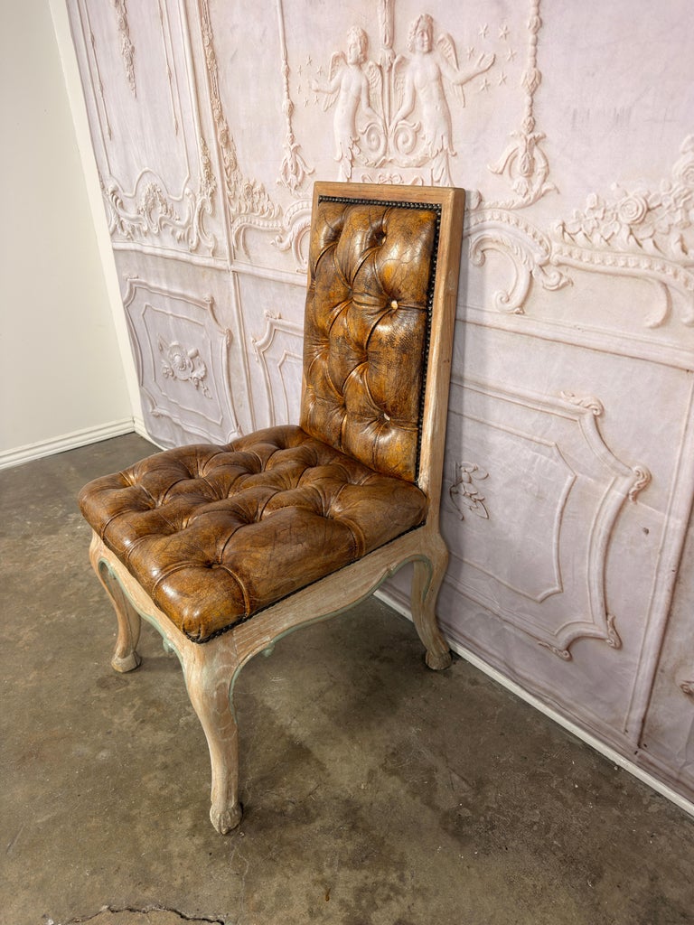 Set of 8 French Louis XV Dining Chairs, Leather Tufted, 1960s