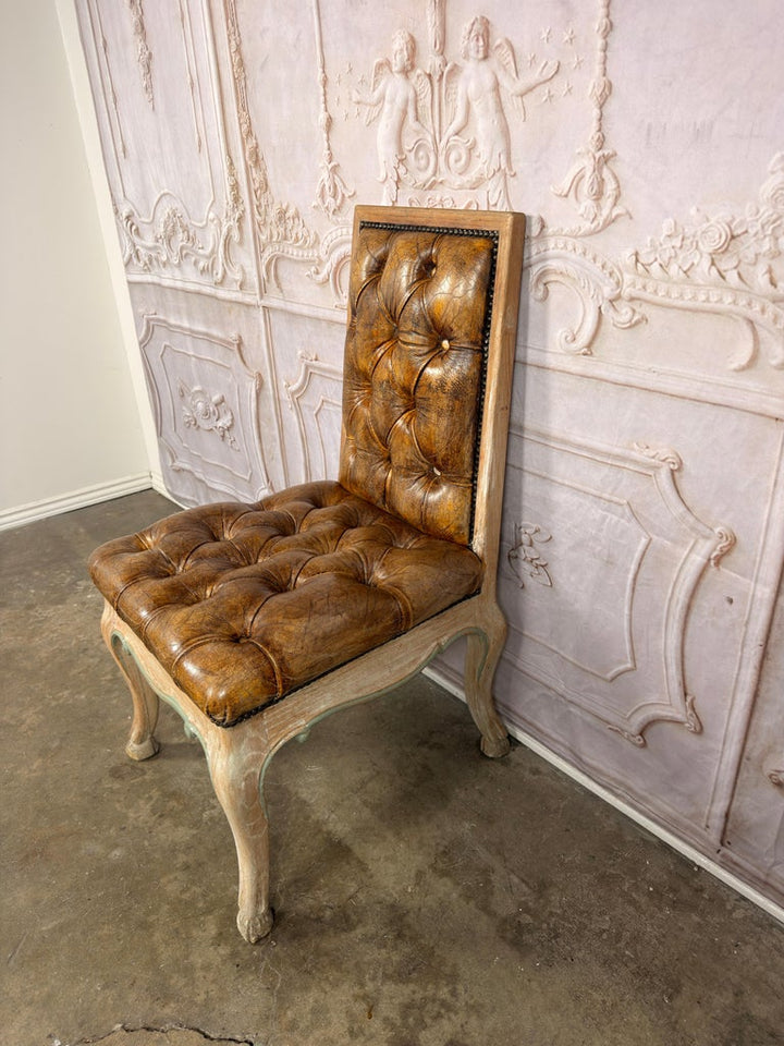 Set of 8 French Louis XV Dining Chairs, Leather Tufted, 1960s