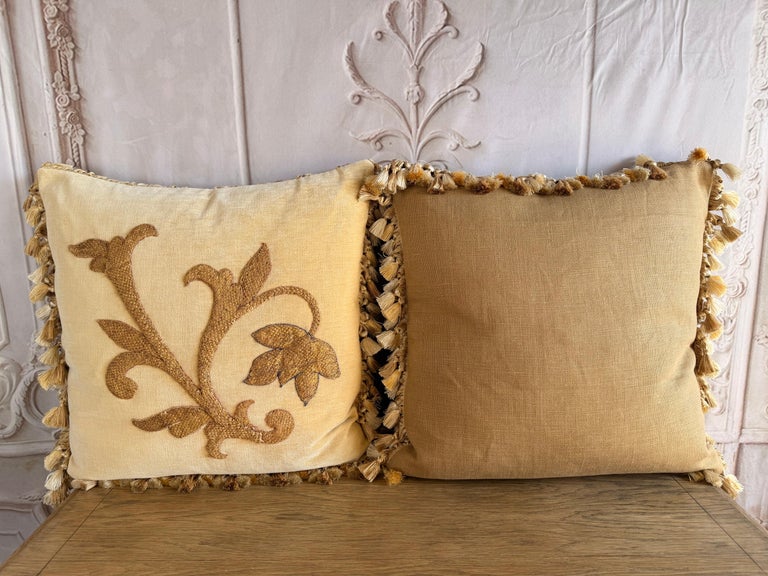 Pair of Golden Chenille Pillows w/ 19th Century Metallic Embroidered Appliqués