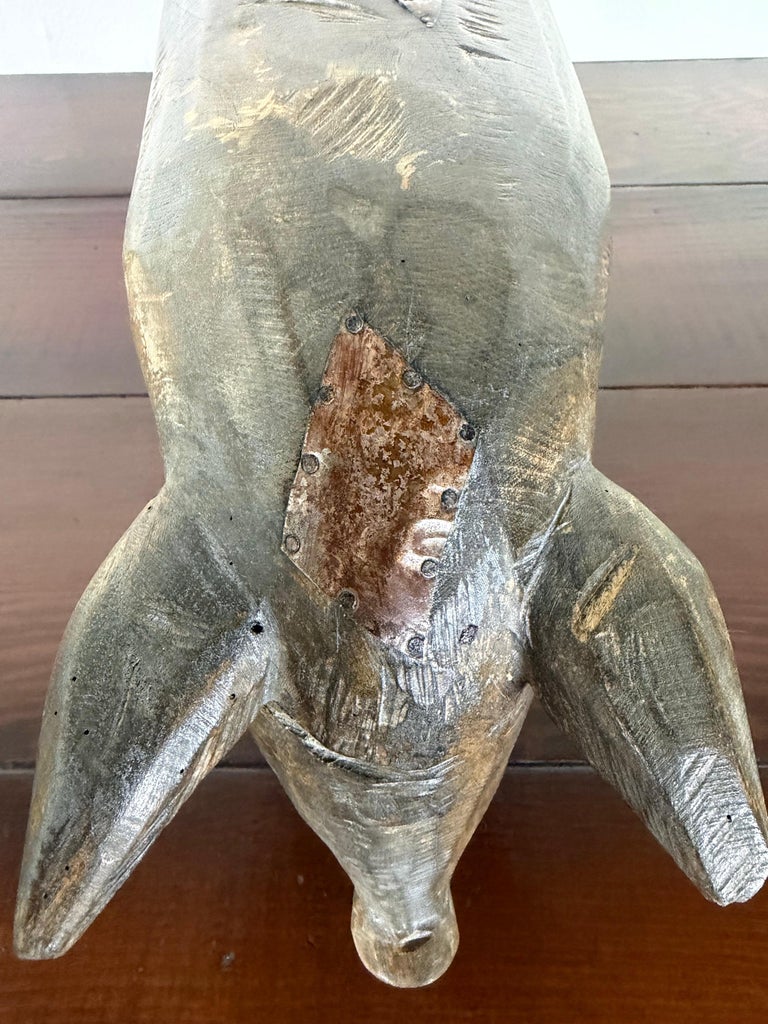 Folk Art Carved Wooden Pig Sculpture with Patinated Finish