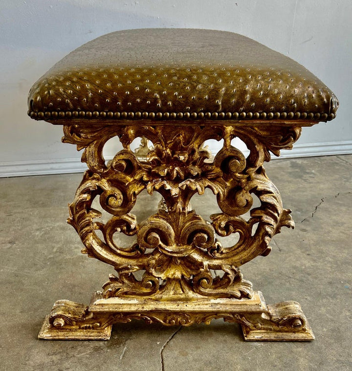 Italian Carved Giltwood Bench W/ Embossed Leather