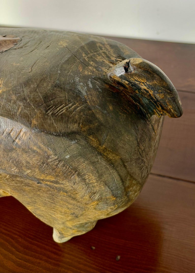 Folk Art Carved Wooden Pig Sculpture with Patinated Finish