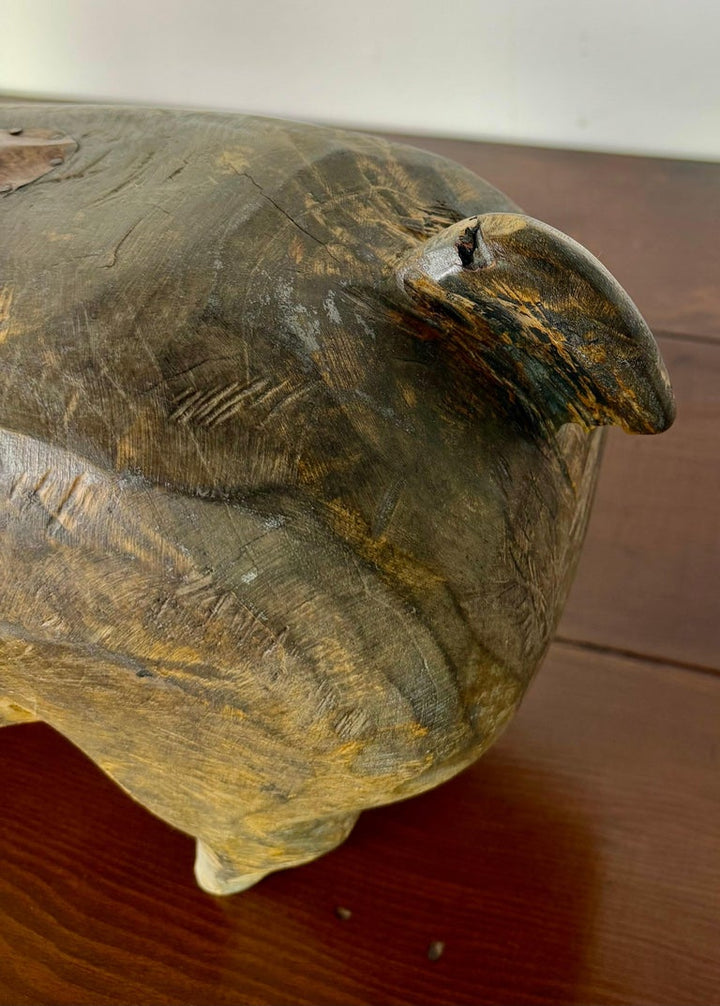 Folk Art Carved Wooden Pig Sculpture with Patinated Finish