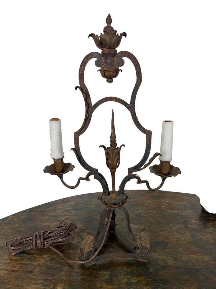 Pair of Antique Wrought Iron Two-Light Lamps