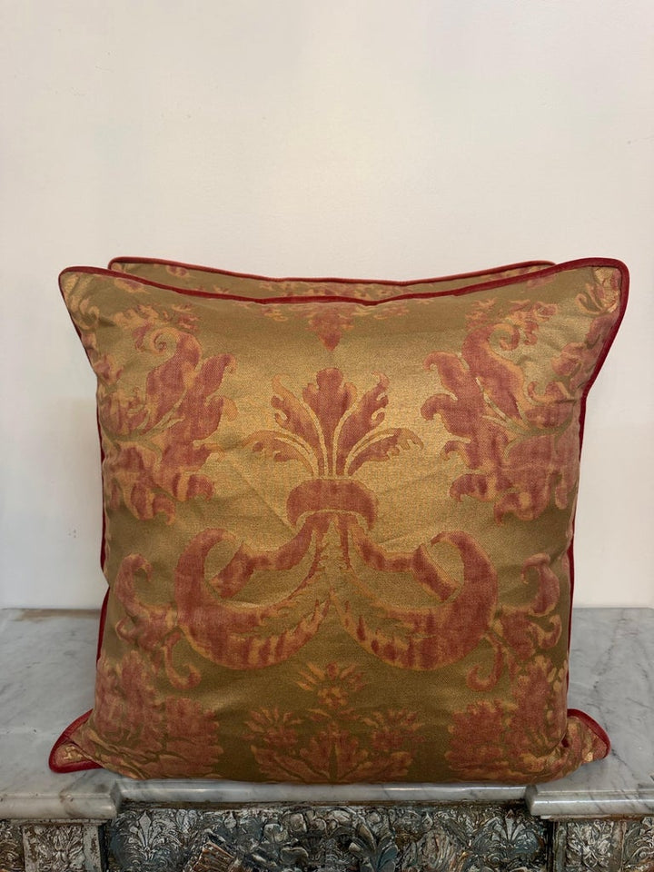 Custom Mariano Fortuny Pillows in Antique Gold &amp; Coral Damask