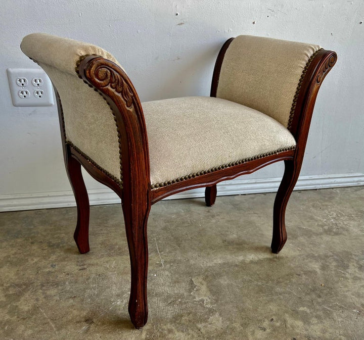 French Linen Upholstered Bench C. 1940's