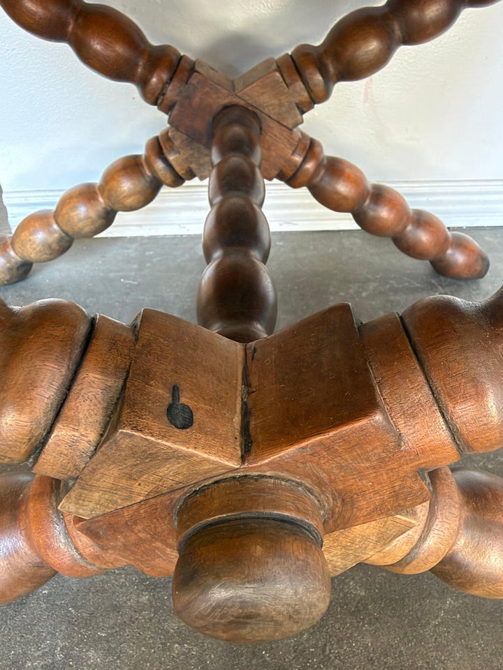 Pair of Spanish Colonial Baroque Bobbin - X-Base Stools with Distressed Leather