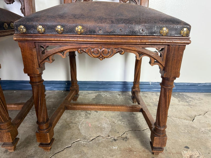 Set of Six 19th C. Gothic-Style Leather Dining Chairs