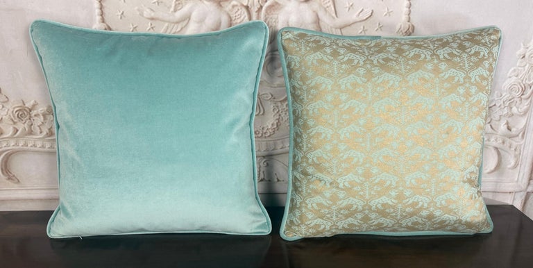 Custom Fortuny Decorative Pillows in Gilt Gold &amp; Aquamarine, Italy