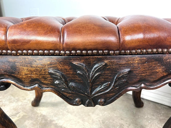 Pair of French Walnut Leather Tufted Benches