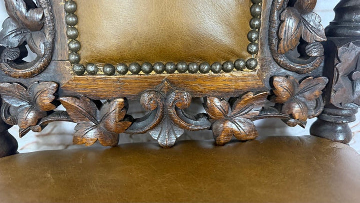 Set of 6 Antique Jacobean Hunt Chairs in Heavily Carved Oak with Cognac Leather