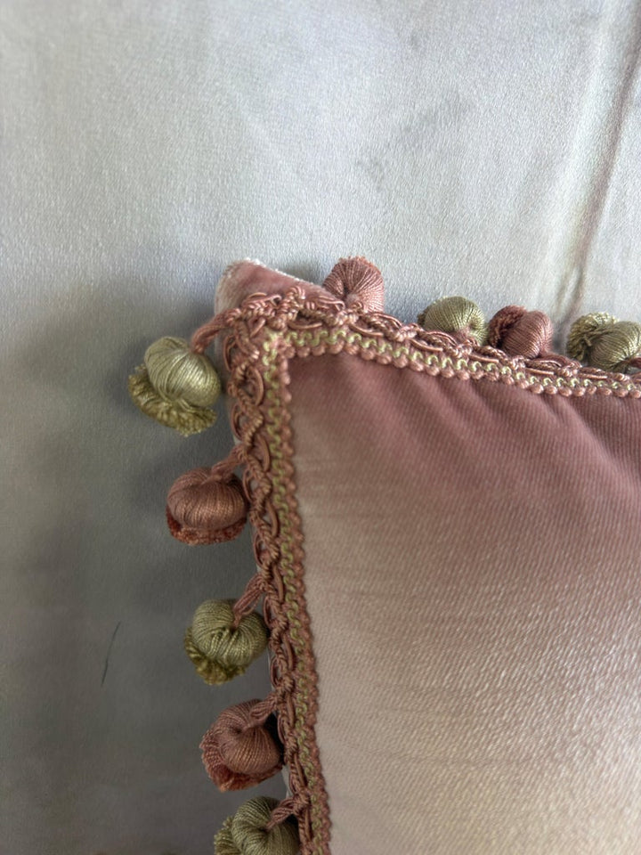 Pair of French Couture Blush Silk Velvet Pillows with 19th Century Appliques&