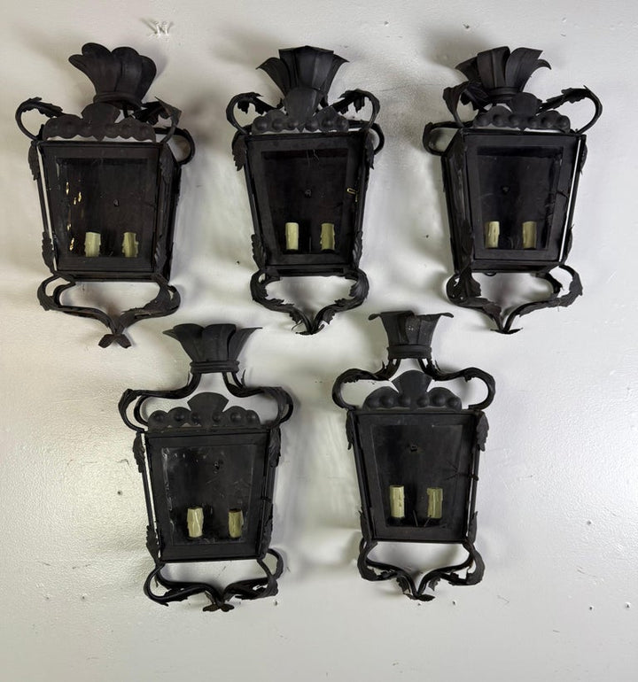 Set of Five Hand-Forged Spanish Wrought Iron Wall Lanterns