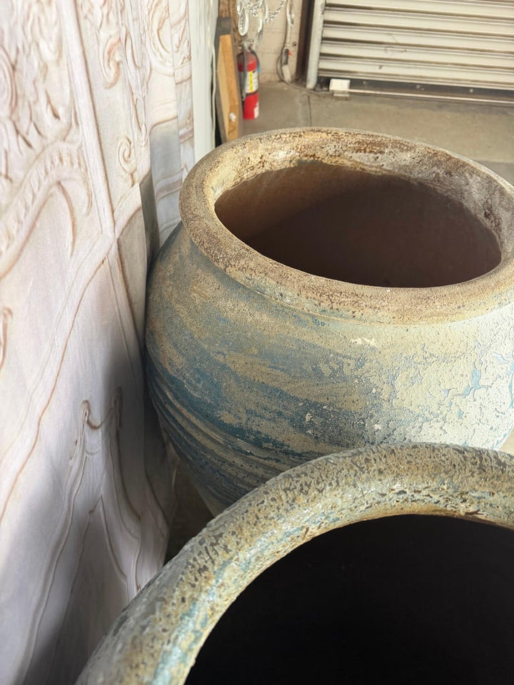 Pair of Antique Weathered Terracotta Garden Urns with Blue Patina
