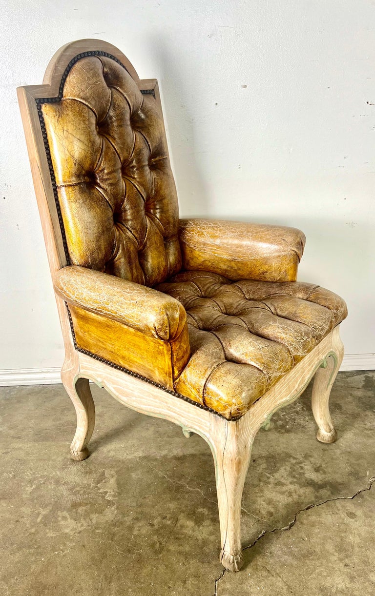 Set of Eight French Leather Tufted Dining Chairs C. 1940