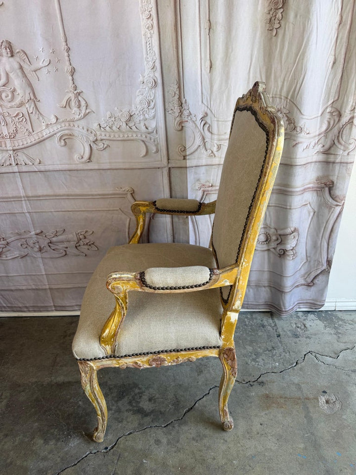 Set of 14 French Louis XV Style Distressed Dining Chairs with Linen Upholstery