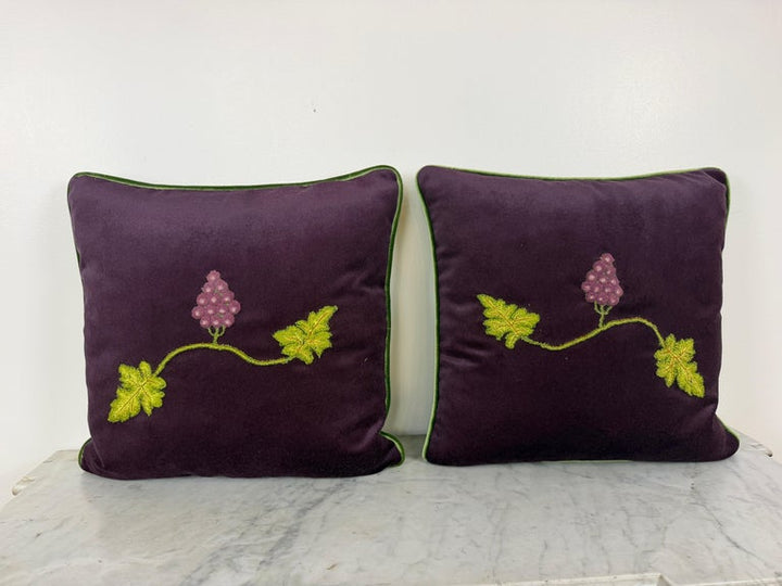 Pair of Aubergine Velvet Pillows - Antique Hand-Embroidered Grape Vine Applique