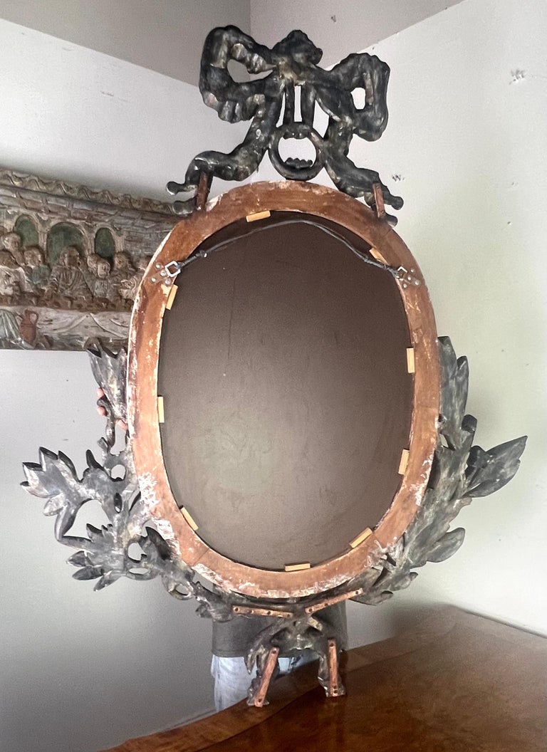 French Painted Oval Shaped Mirror w/ Ribbon & Leaves C. 1900