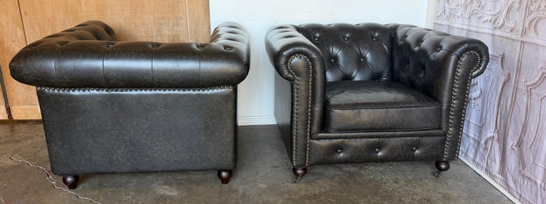 Pair of English CHesterfield Club Chairs- Tufted Armchairs
