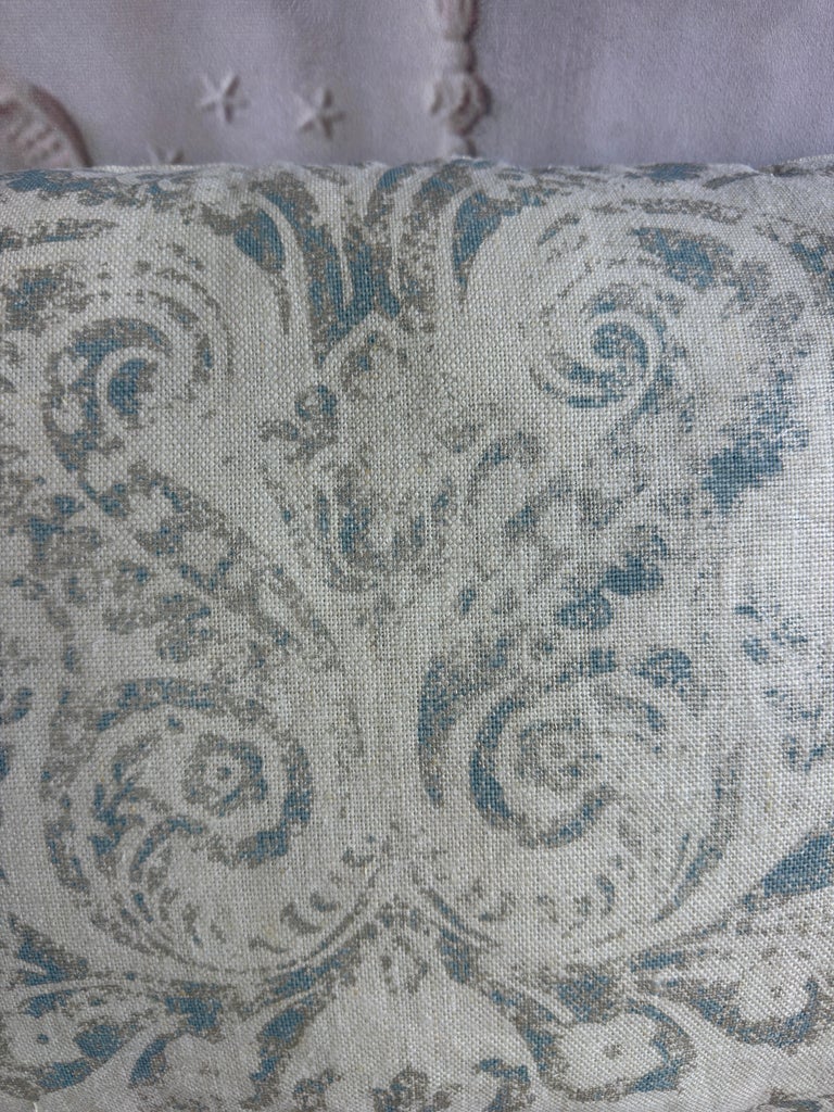 Pair of Custom Printed Linen Lumbar Pillows in Faded Aqua Baroque Damask