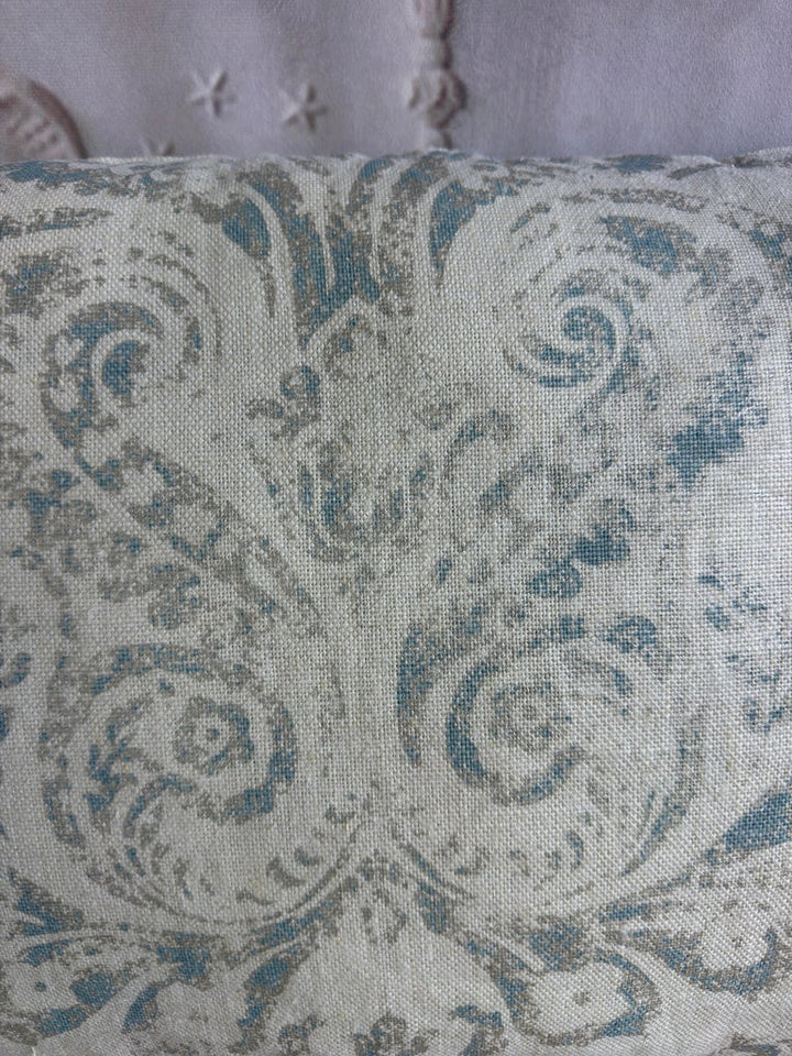 Pair of Custom Printed Linen Lumbar Pillows in Faded Aqua Baroque Damask