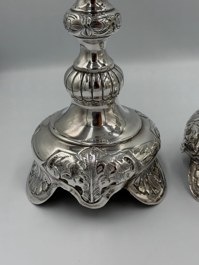Pair of Antique Sterling Silver Baroque Revival Candlesticks with Repoussé