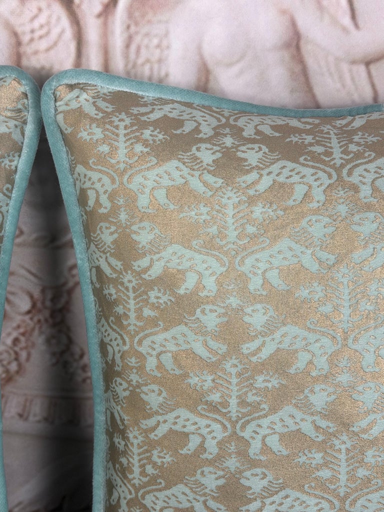 Custom Fortuny Decorative Pillows in Gilt Gold &amp; Aquamarine, Italy