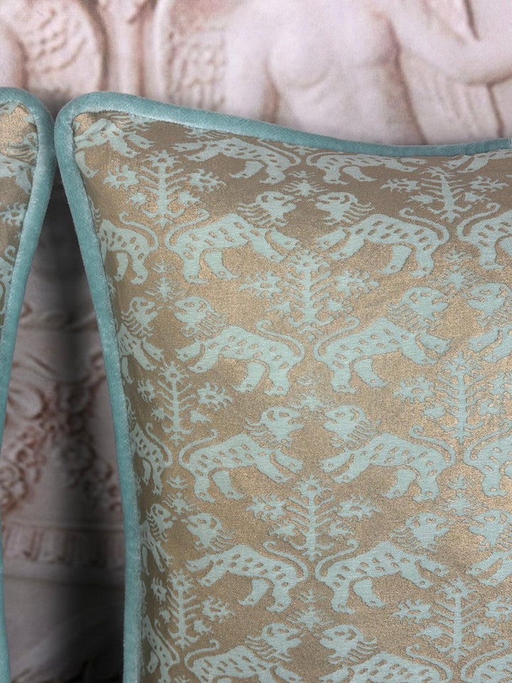 Custom Fortuny Decorative Pillows in Gilt Gold &amp; Aquamarine, Italy